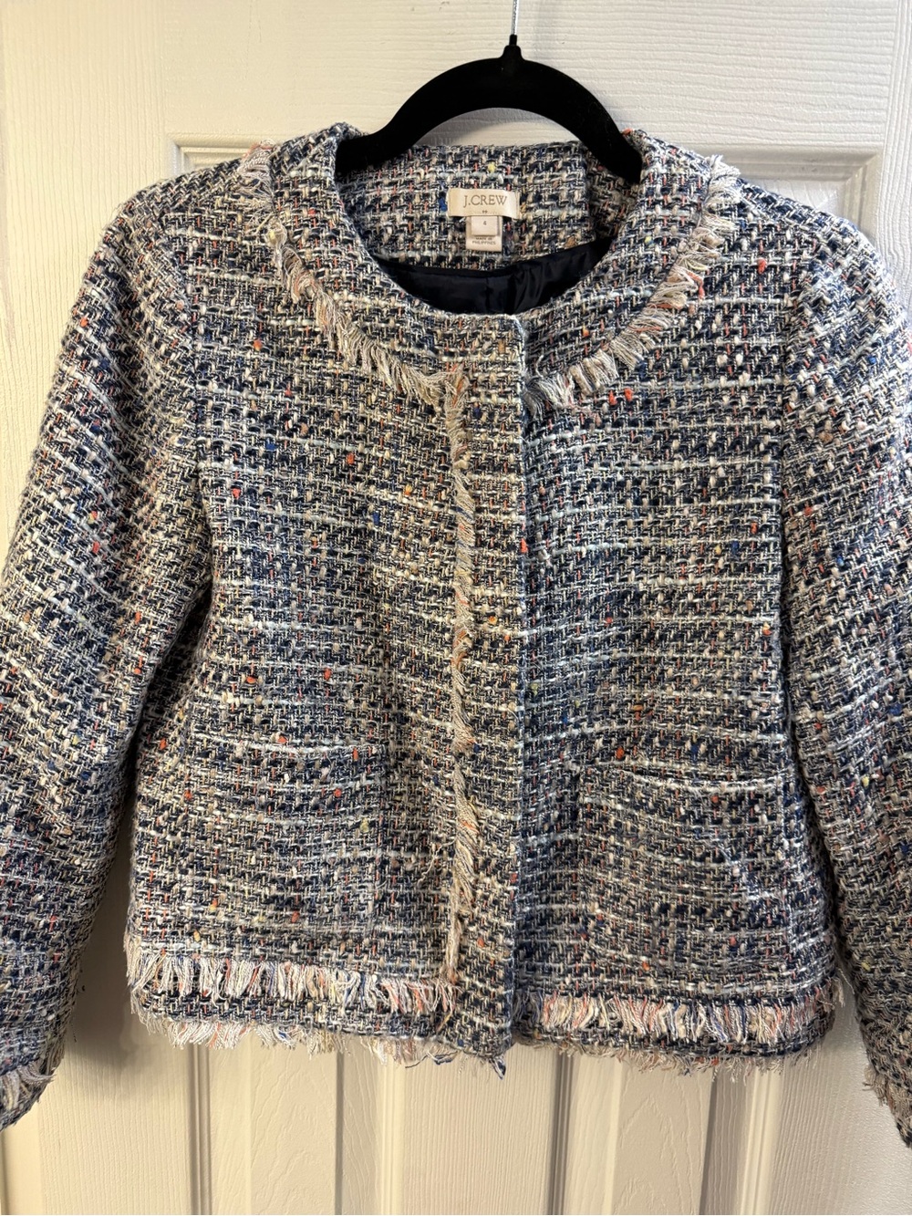 J. Crew Women's Blue Multi Tweed Fringe-Trim Jacket